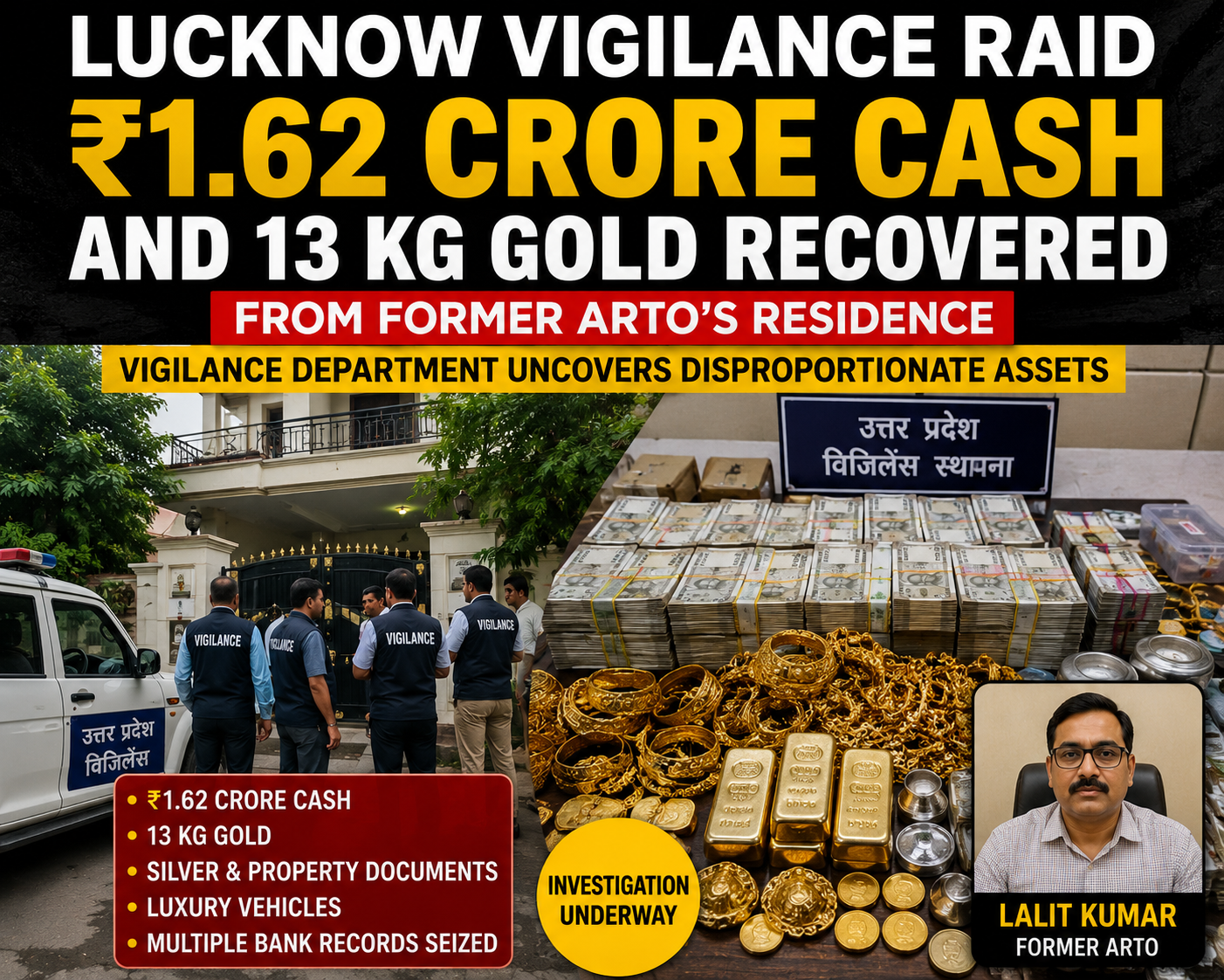 Lucknow Vigilance Raid: ₹1.62 Crore Cash and 13 Kg Gold Recovered from Former ARTO's Residence