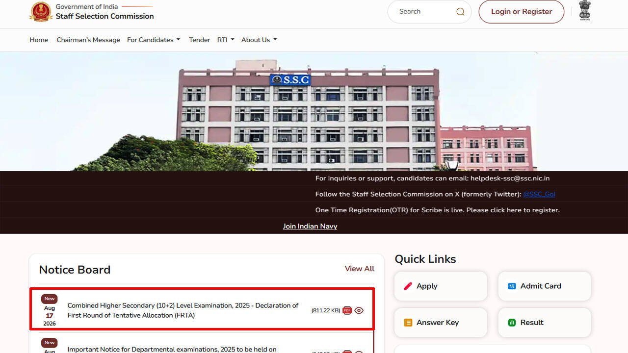 SSC CHSL FRTA result 2026 released: Check 3,515 shortlisted candidates and sliding dates